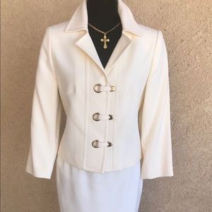 Escada skirt suit in cream w gold closures.
